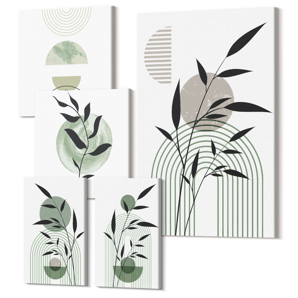 Sada obrazů pentaptych Stylová grafika s rostlinnými motivy a geometrickými tvary