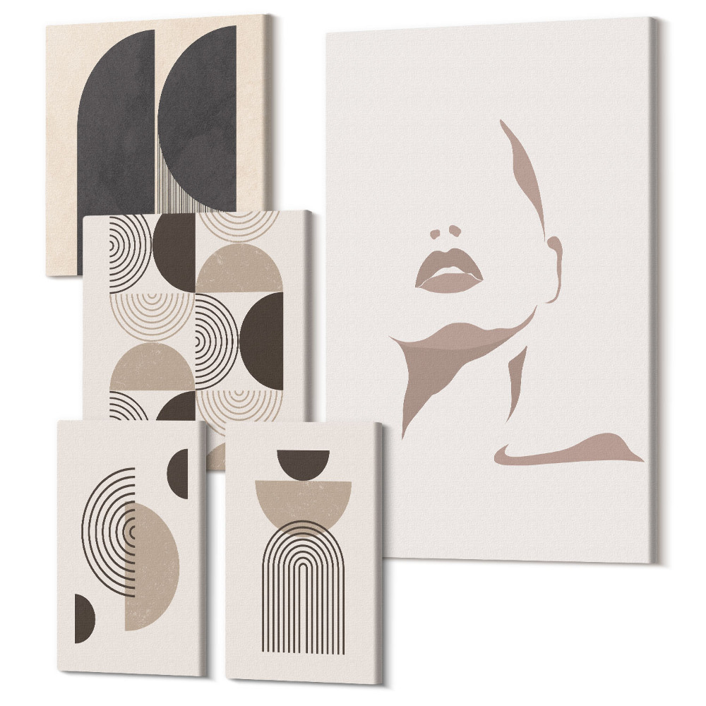Sada obrazů na zeď pentaptych Stylové minimalistické portréty a geometrické vzory