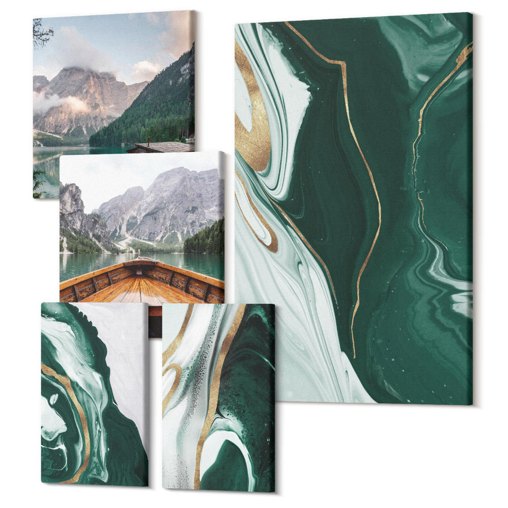 Sada obrazů na zeď pentaptych Zelené krajiny s vodou a horské scenérie