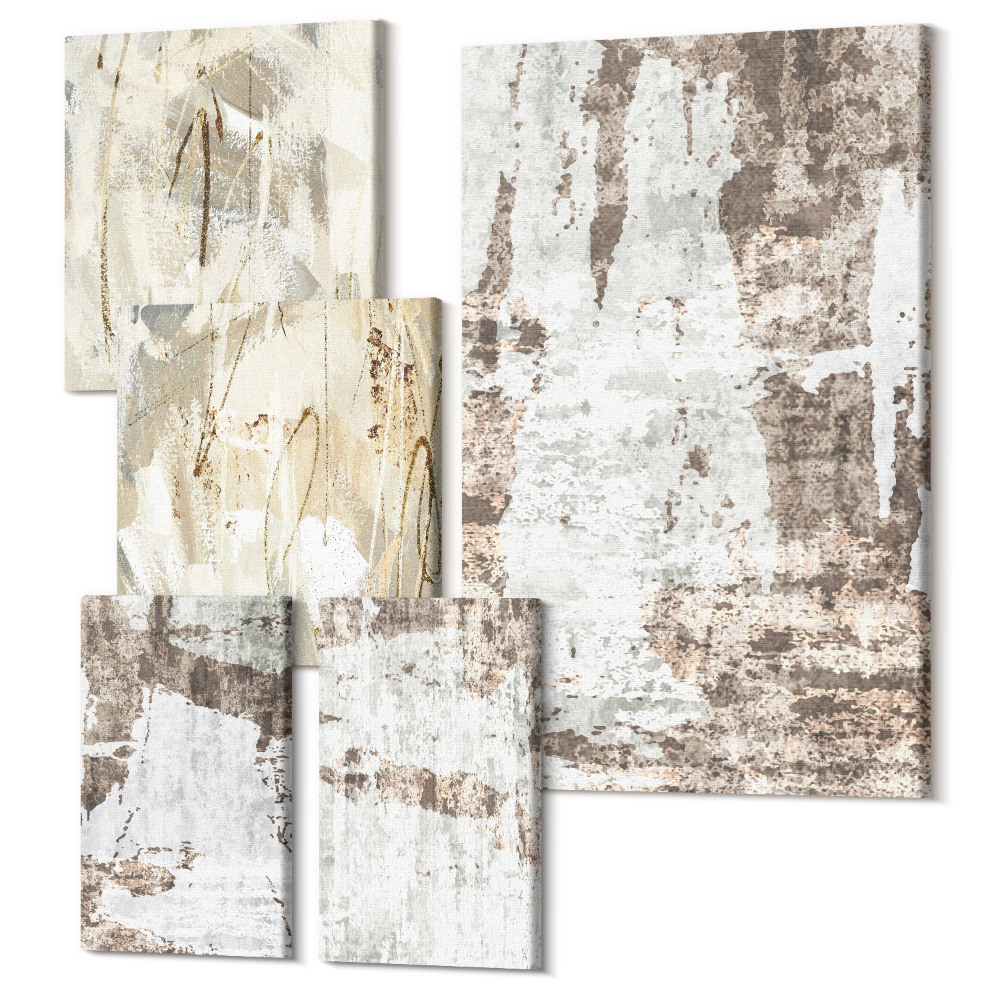Sada obrazů na zeď pentaptych Abstraktní kompozice v neutrálních a přírodních odstínech