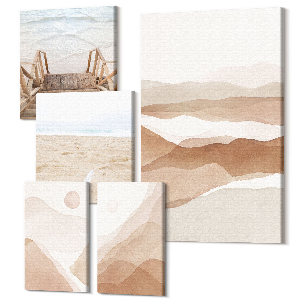 Sada 5 obrazů Minimalistické pláže a horské krajiny v odstínech přírody
