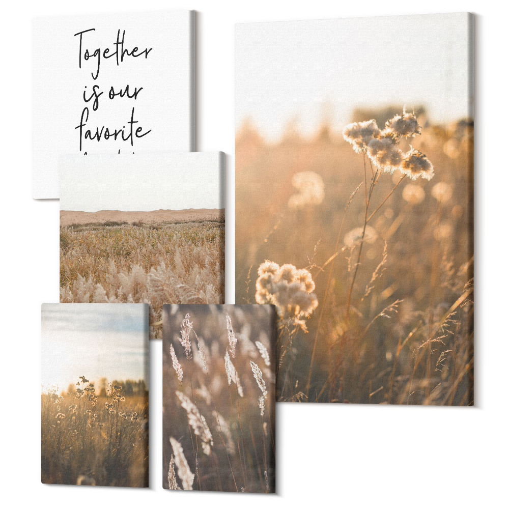 Sada obrazů na zeď pentaptych Přírodní krajiny s květinami a inspirativními výroky