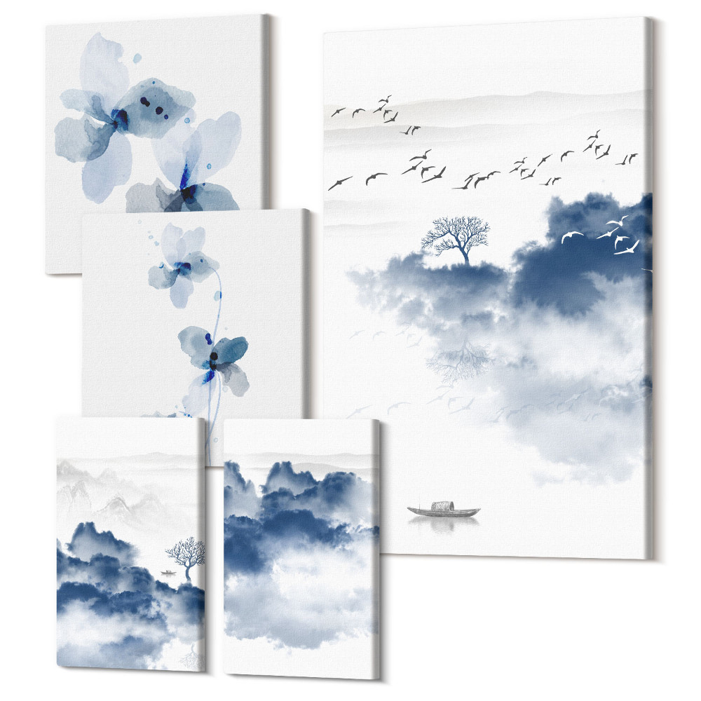 Sada obrazů na zeď pentaptych Krajiny s jemnými květinami a klidnými vodami