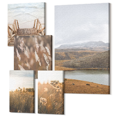 Sada obrazů pentaptych Přírodní krajiny s výhledem na pole a jezera