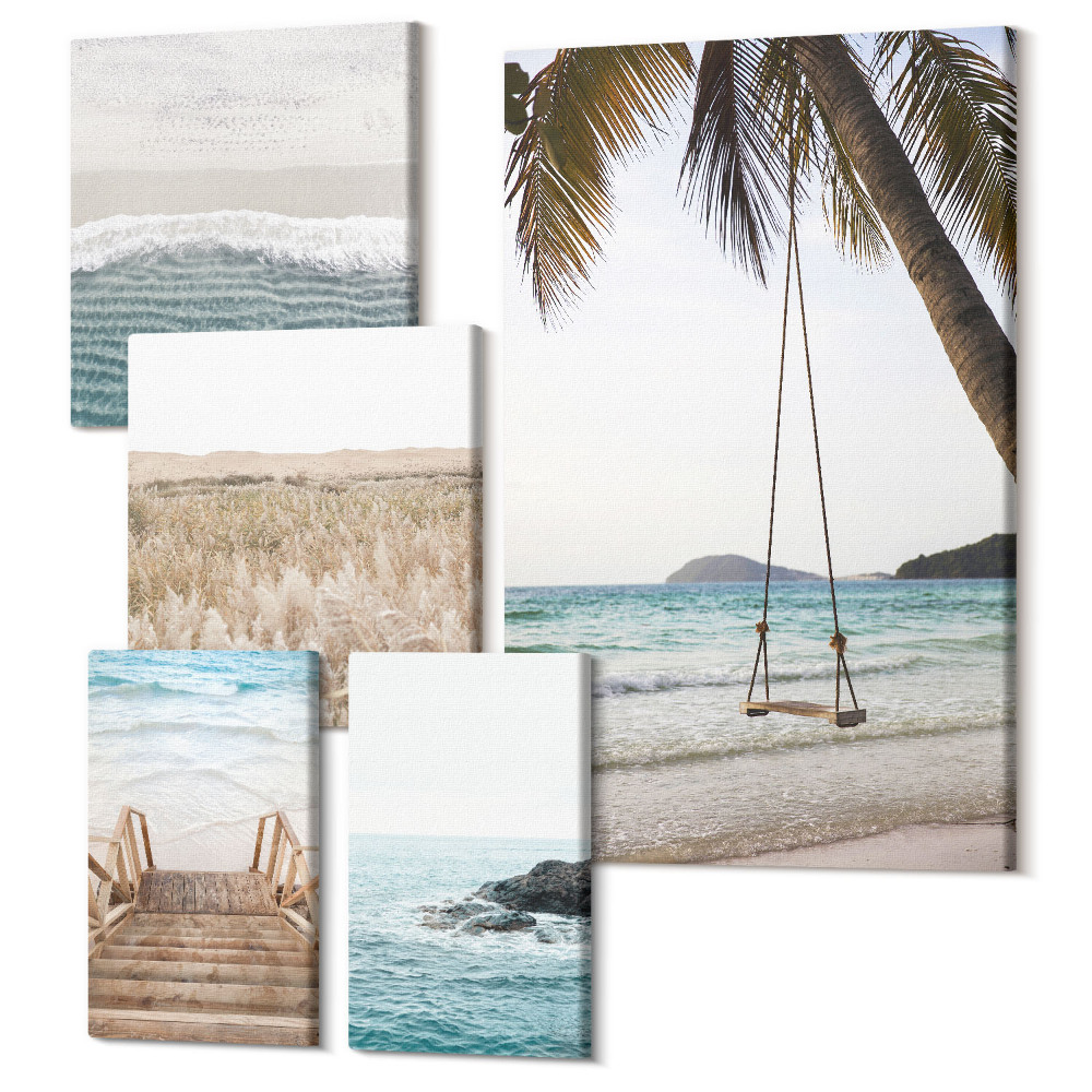 Sada obrazů na zeď pentaptych Relaxační výhled na moře s pláží a vlnami