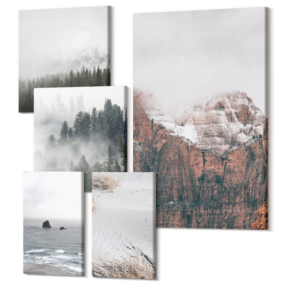 Sada obrazů pentaptych Přírodní krajiny hor, lesů a pobřeží v oblacích