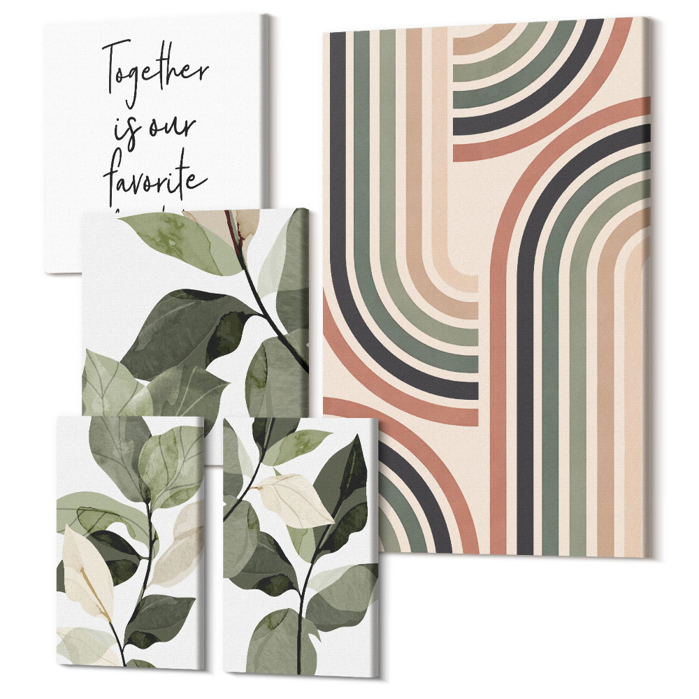 Sada obrazů na zeď pentaptych Stylové květinové akcenty s geometrickými vzory