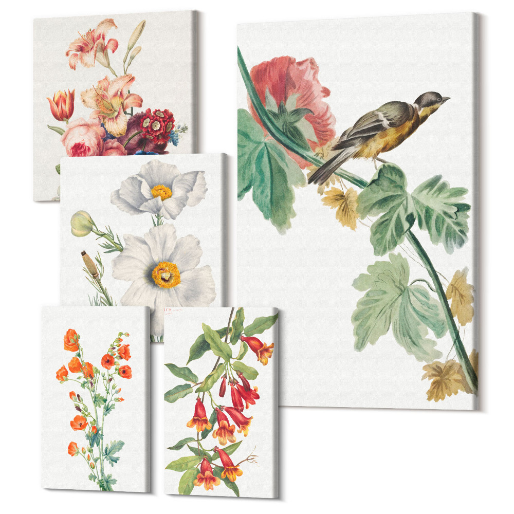 Sada obrazů pentaptych Vintage květinové a ptačí motivy pro domácí dekoraci
