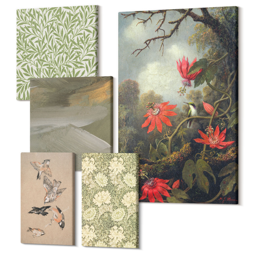 Sada obrazů na zeď pentaptych Květiny a ptáci v přírodních dekorativních motivech