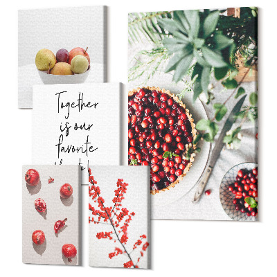 Sada obrazů pentaptych Ovocné kompozice s rostlinnými motivy a textem