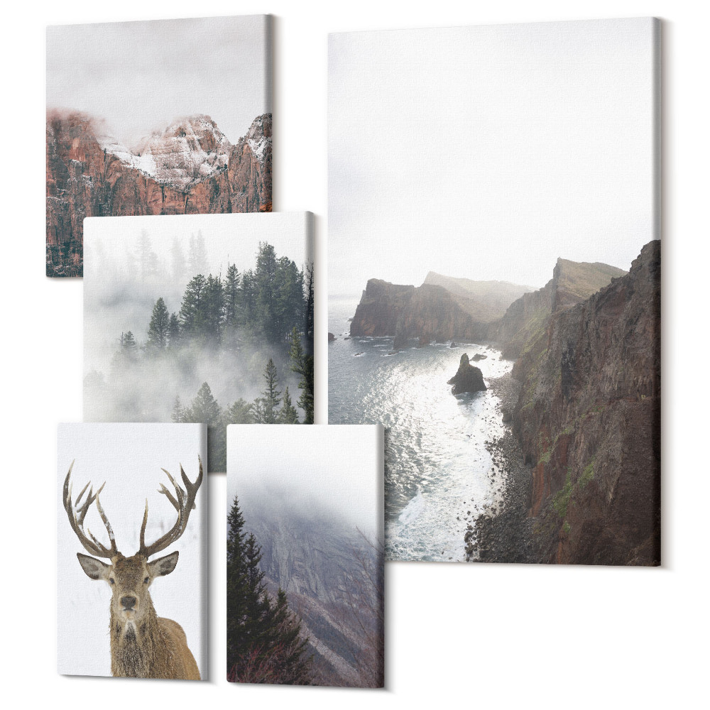 Sada obrazů na zeď pentaptych Přírodní krajiny s divokou zvěří a zvířaty