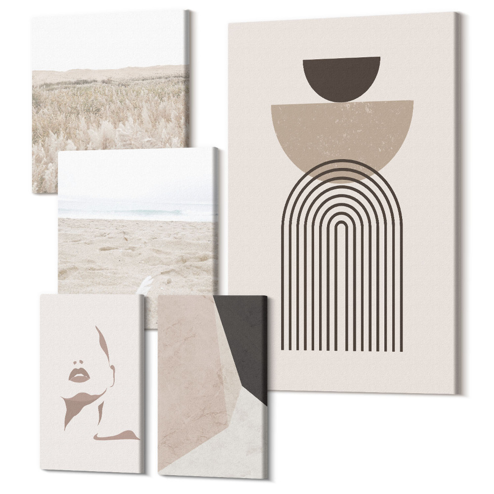 Sada obrazů pentaptych Stylové abstrakce a přírodní krajiny v tlumené estetice