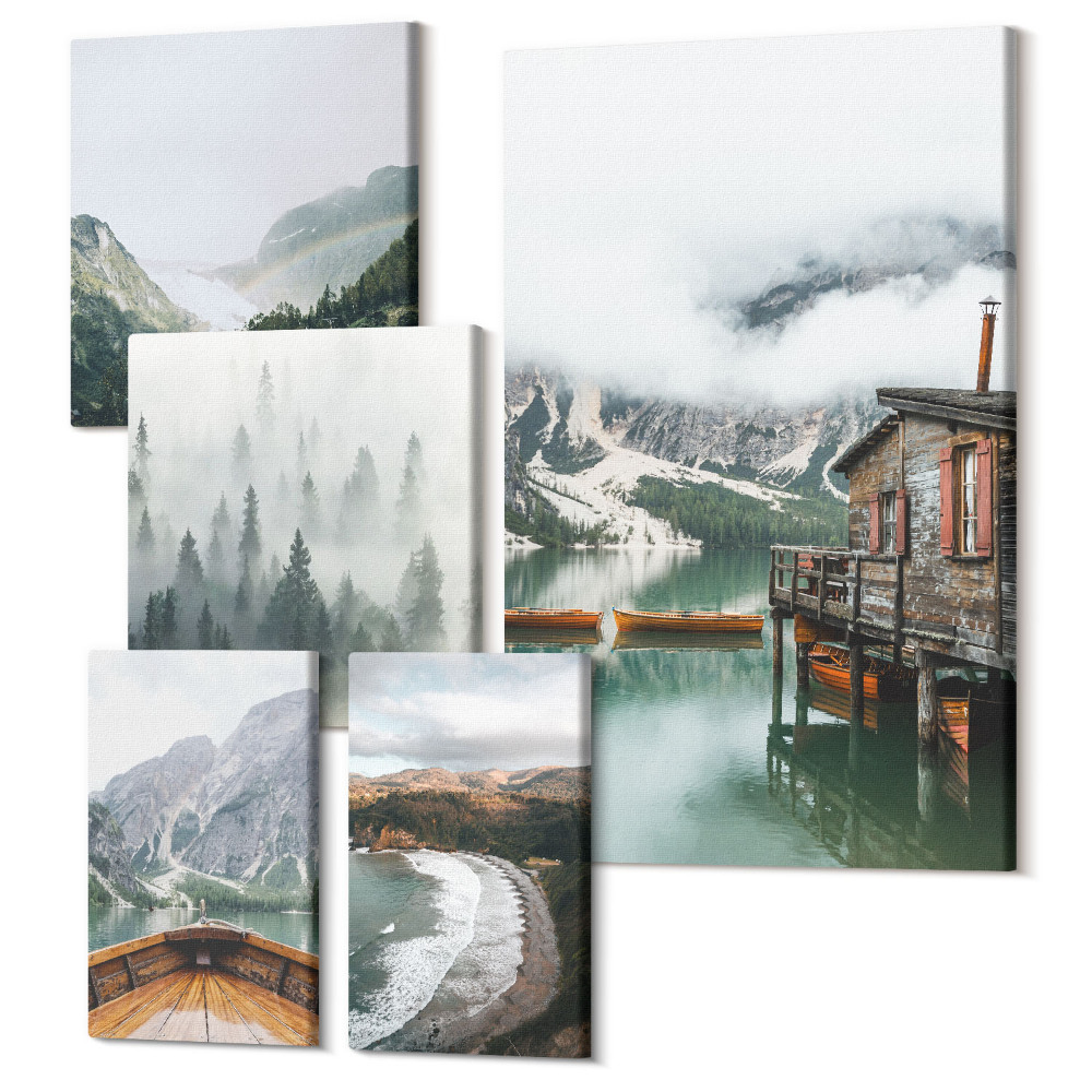 Sada obrazů pentaptych Horská krajina s chatami u vody a lesy