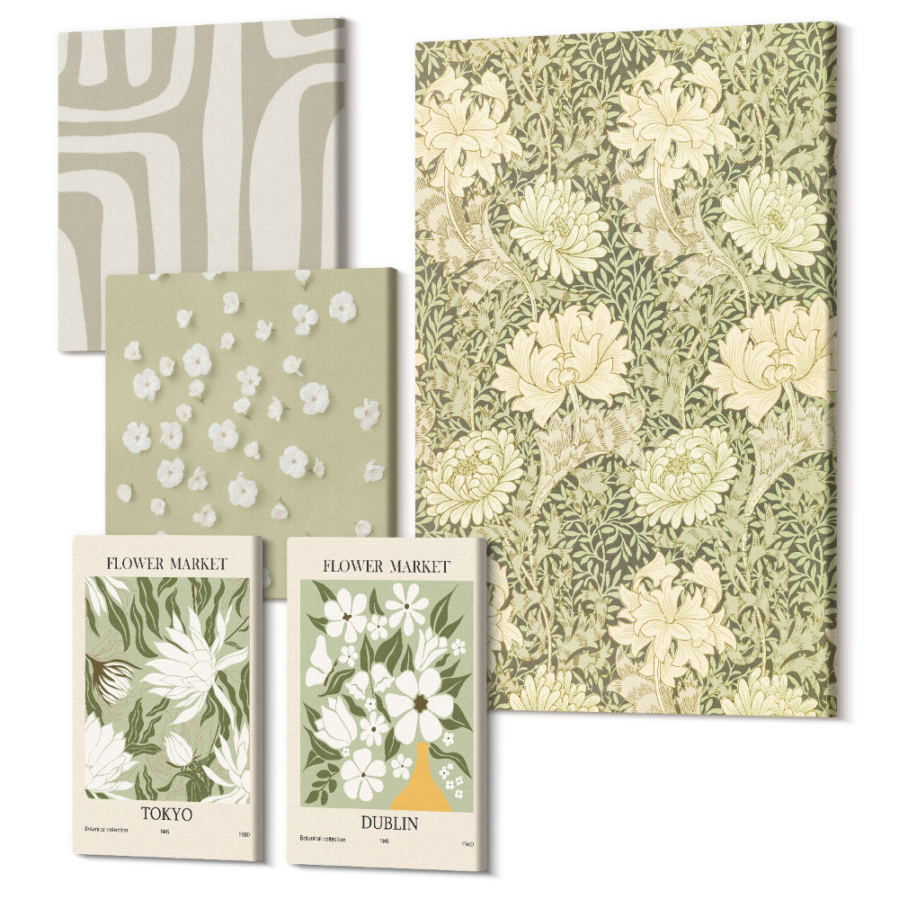 Sada 5 obrazů Rostlinné motivy v boho stylu s květinovými akcenty