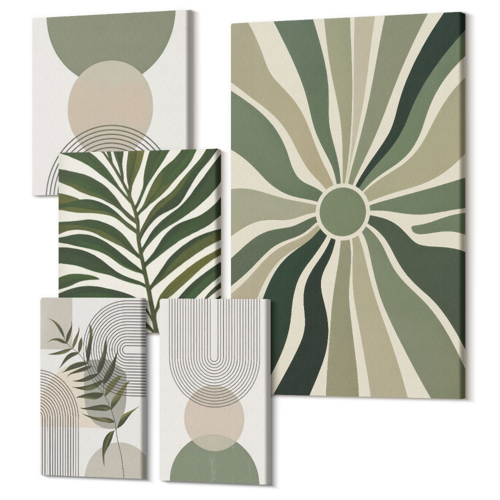 Sada obrazů pentaptych Stylová grafika v odstínech zelené s rostlinnými a geometrickými motivy