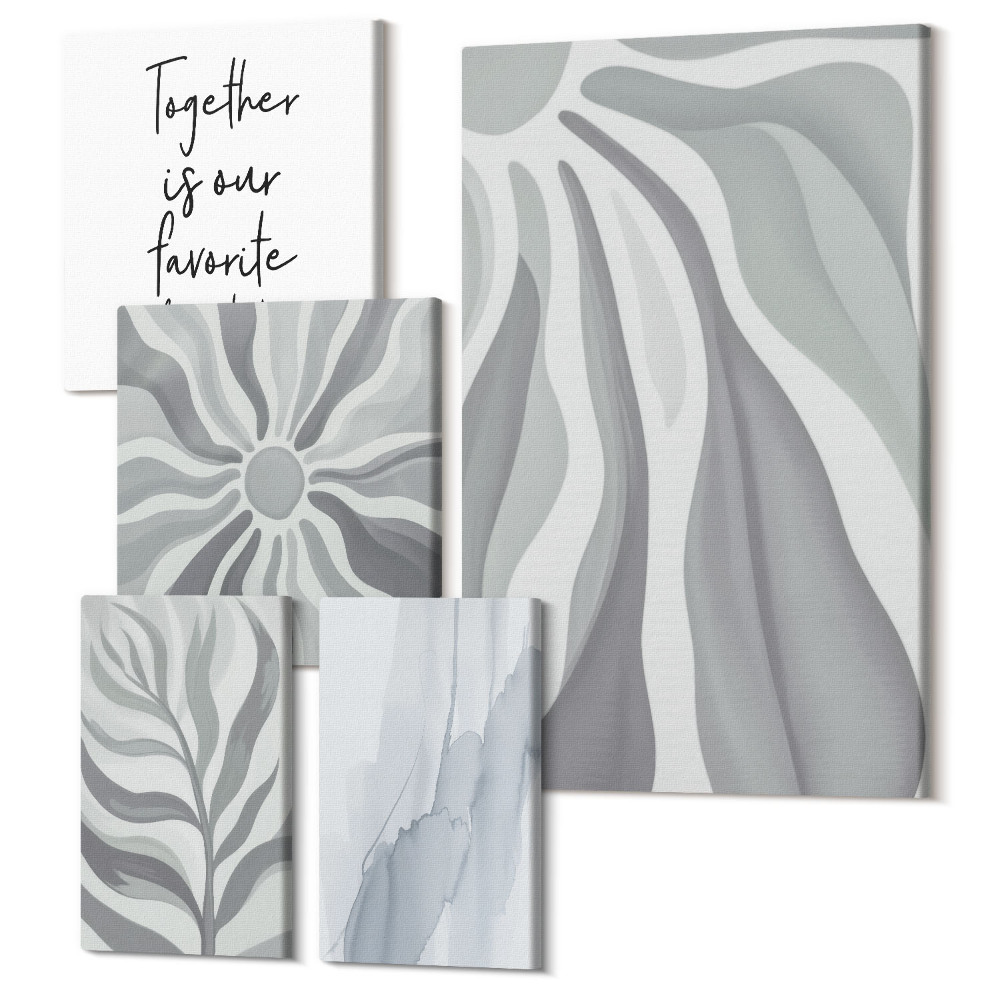 Sada obrazů na zeď pentaptych Abstraktní vzory v odstínech šedé a bílé