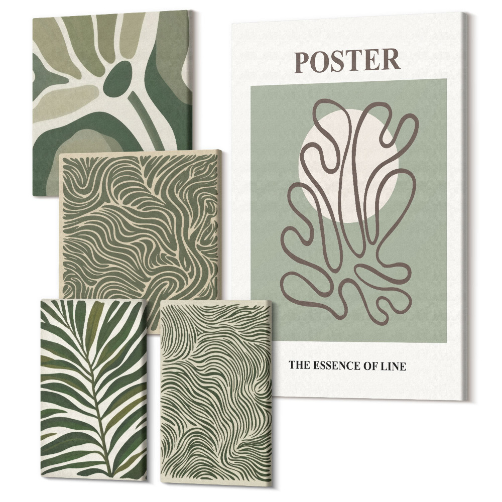 Sada obrazů na zeď pentaptych Abstraktní formy a rostlinné motivy v boho stylu