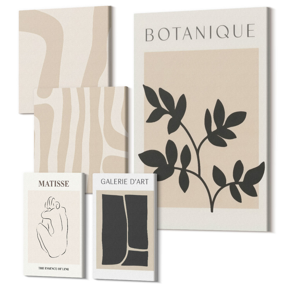 Sada 5 obrazů Stylová grafika s rostlinnými motivy a abstraktními tvary