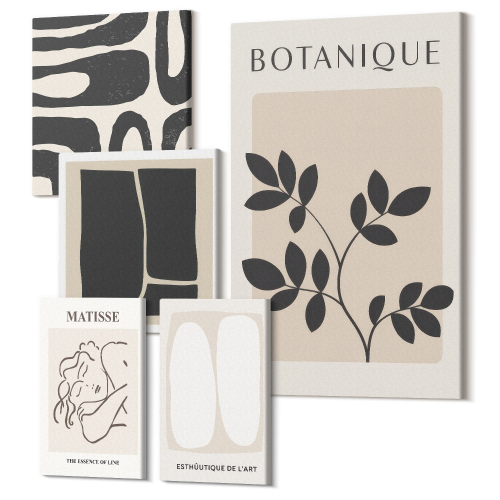 Sada obrazů pentaptych Stylová grafika s rostlinnými motivy a abstrakcí