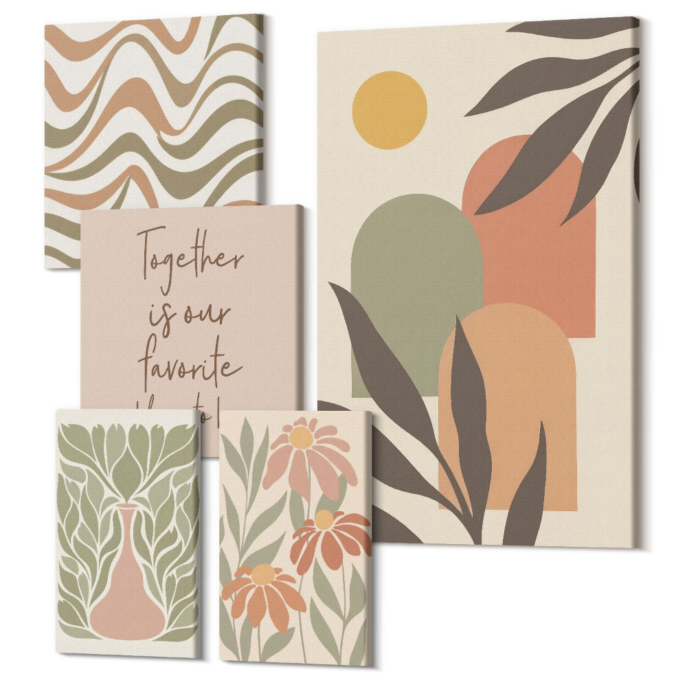 Sada obrazů na zeď pentaptych Stylové dekorace v pastelových barvách s rostlinnými motivy