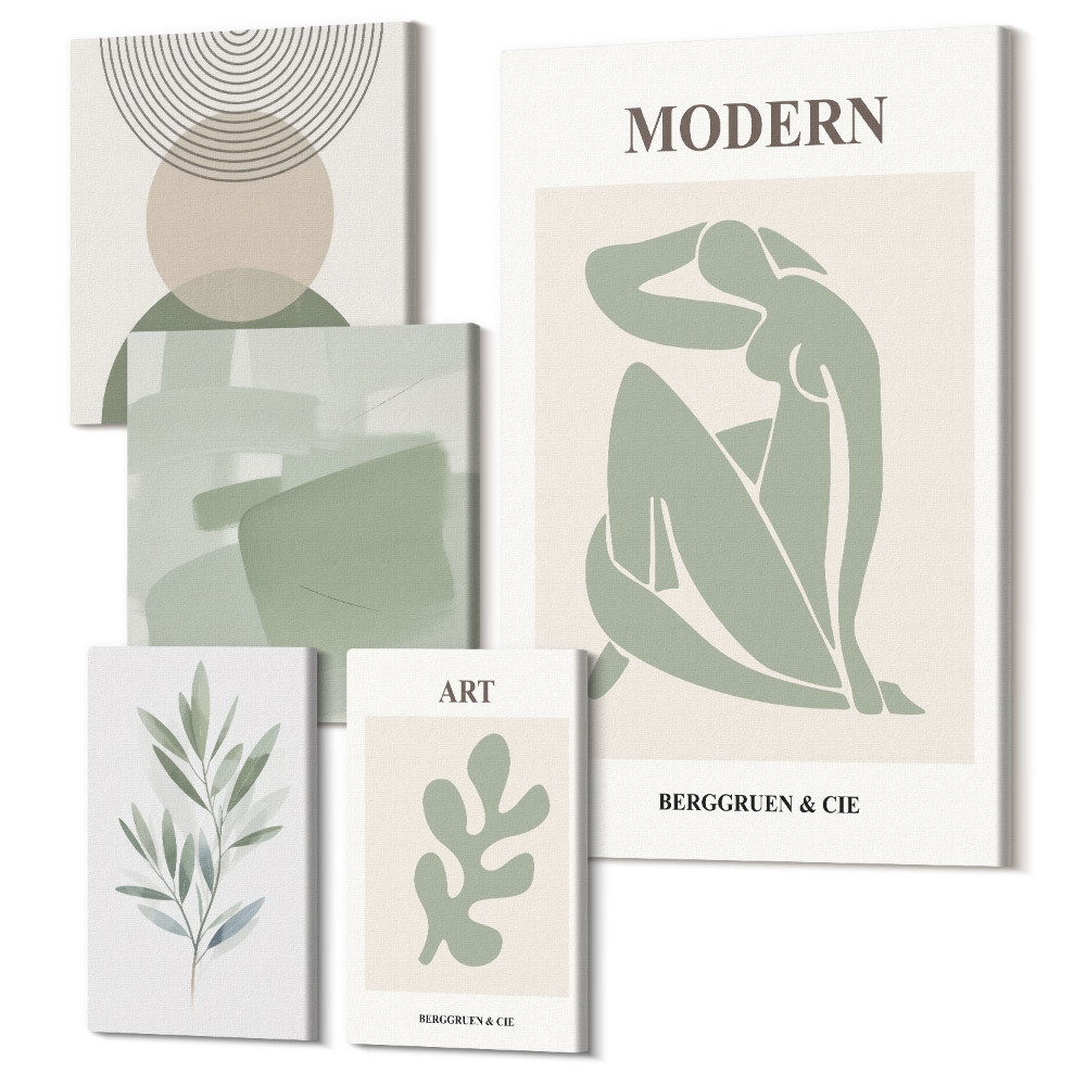 Sada obrazů na zeď pentaptych Moderní styl s abstraktními formami a rostlinnými motivy