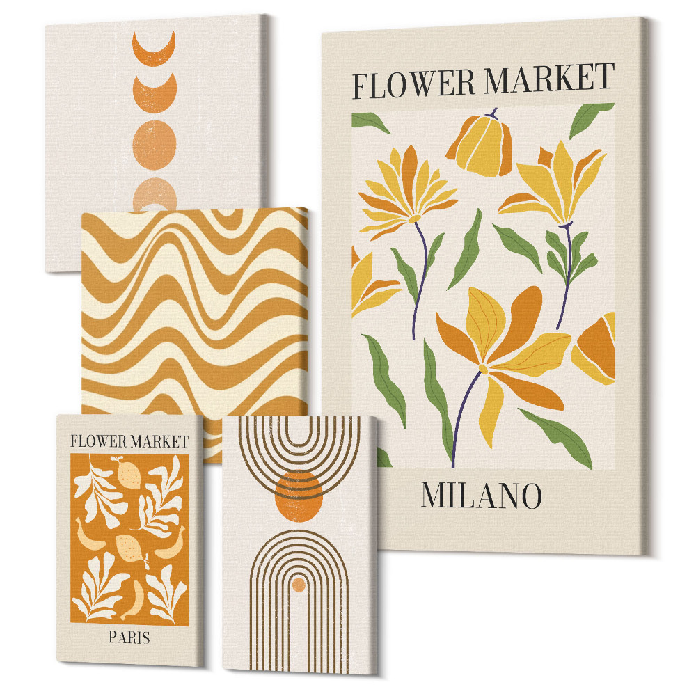 Sada obrazů na zeď pentaptych Stylové dekorace s květinovými a geometrickými motivy