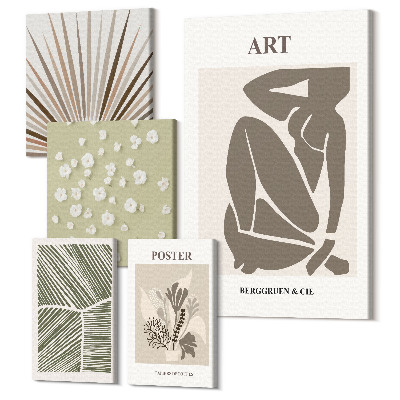 Sada 5 obrazů Stylová grafika s rostlinnými motivy a abstrakcí