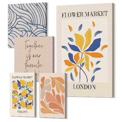 Sada obrazů pentaptych Květinové motivy a stylizované nápisy z Londýna