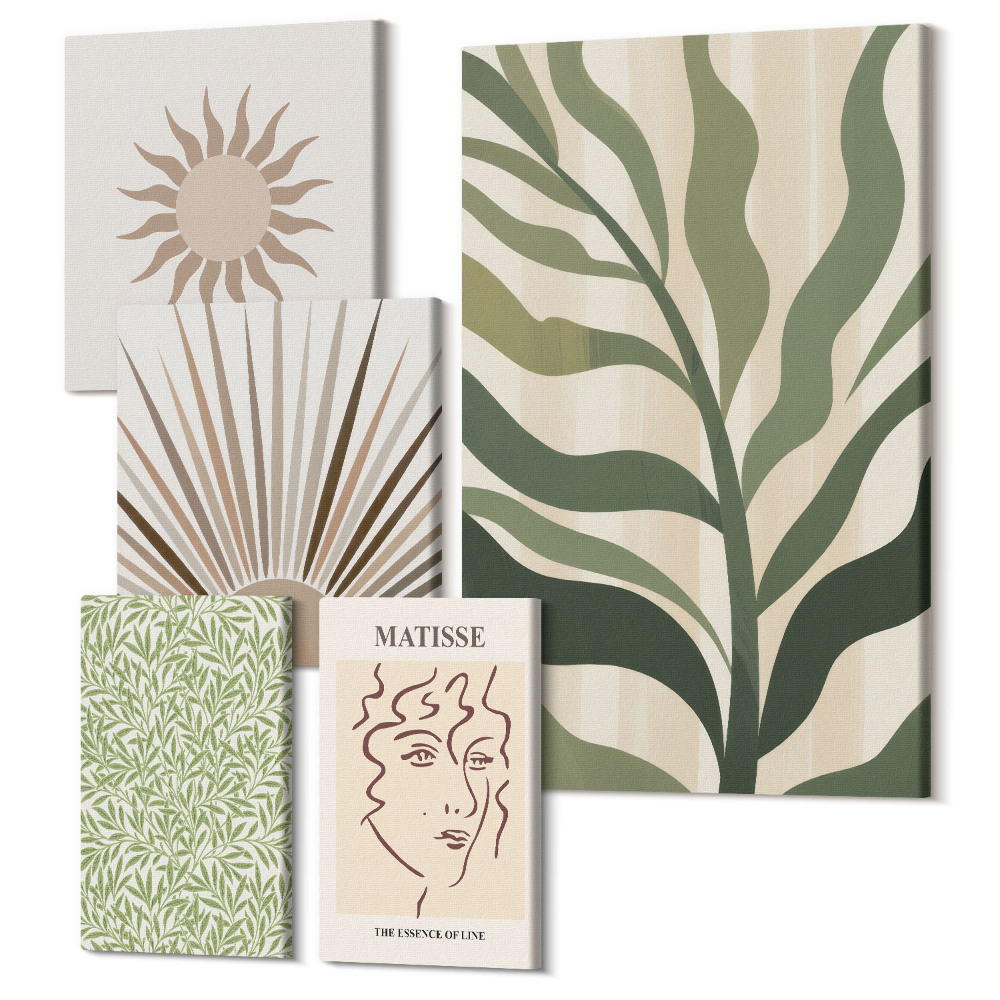 Sada 5 obrazů Stylová grafika s rostlinnými motivy a abstraktními vzory