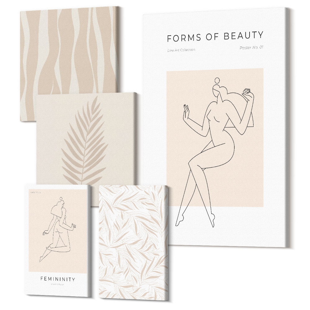 Sada obrazů pentaptych Stylová grafika s ženskými siluetami a rostlinnými motivy