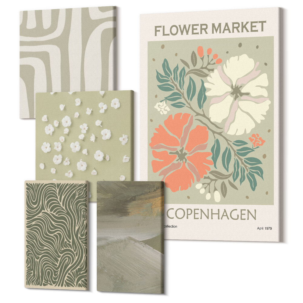 Sada obrazů na zeď pentaptych Rostlinné motivy a abstraktní vzory v boho stylu