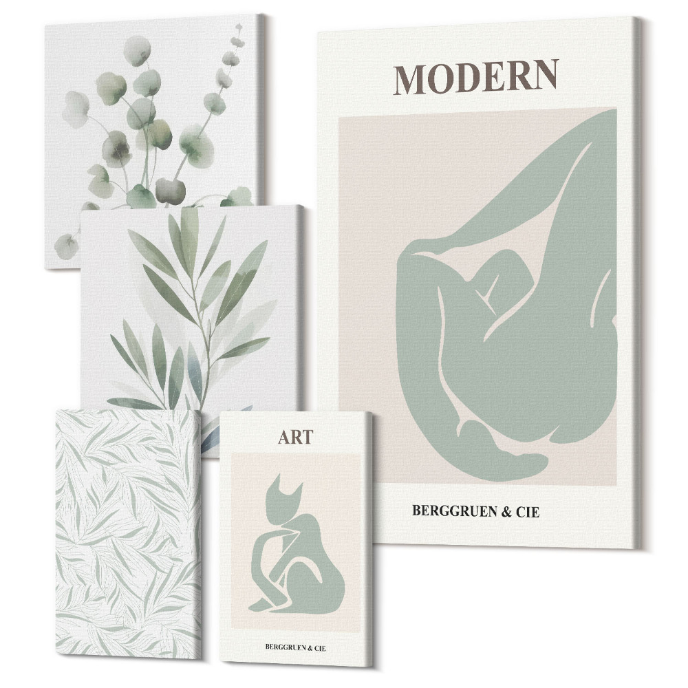 Sada 5 obrazů Stylová grafika s rostlinnými motivy a abstraktními tvary