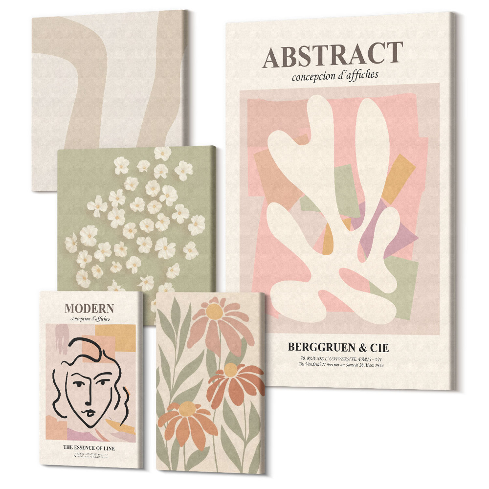 Sada obrazů pentaptych Stylové abstrakty a květinové motivy do interiéru