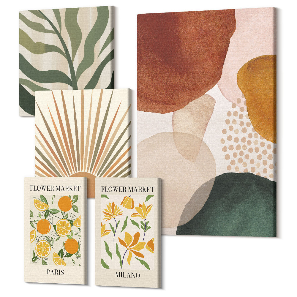 Sada obrazů na zeď pentaptych Stylová grafika s rostlinnými a geometrickými motivy