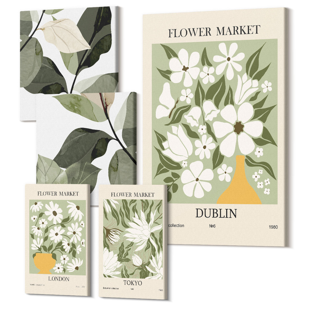 Sada obrazů pentaptych Květinové motivy z trhů v Londýně, Dublinu a Tokiu