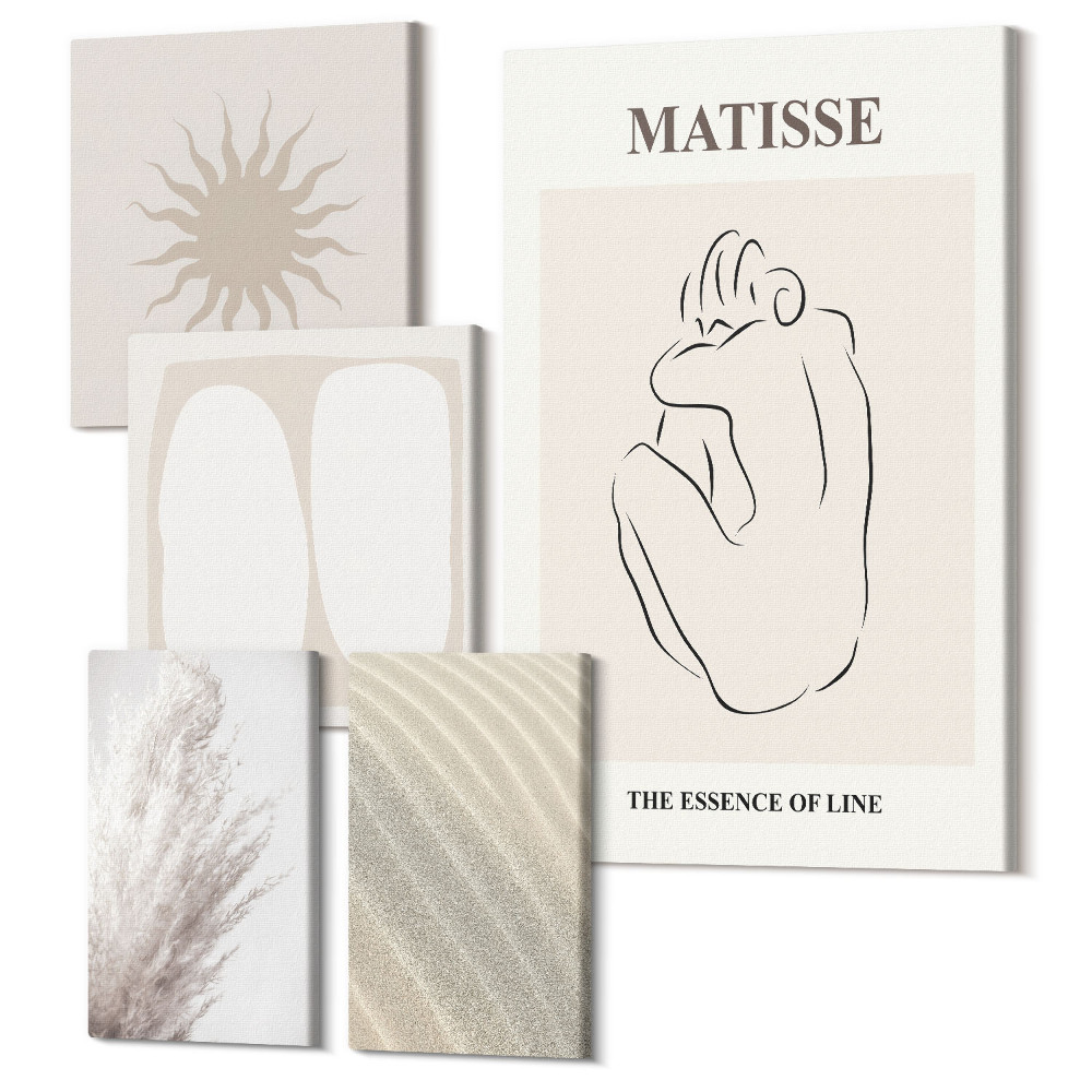 Sada obrazů na zeď pentaptych Boho styl, minimalistické formy a přírodní motivy