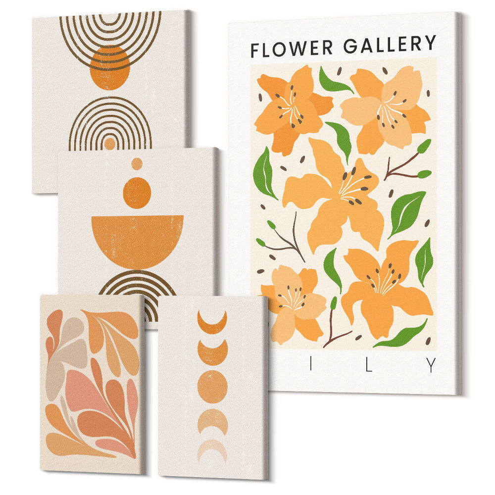 Sada obrazů na zeď pentaptych Stylová grafika s květinami a geometrickými vzory