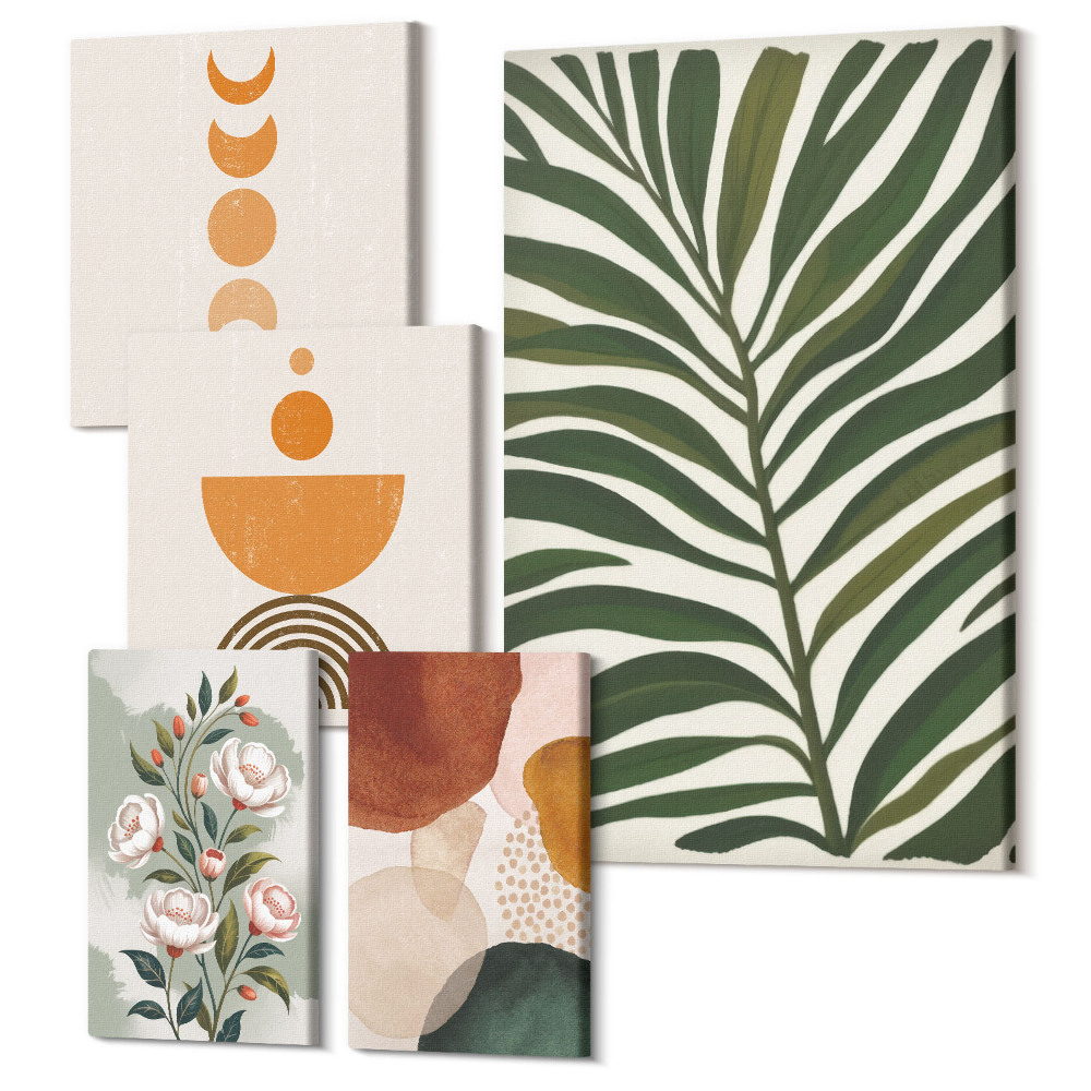 Sada obrazů pentaptych Rostlinné vzory a abstraktní tvary v boho stylu
