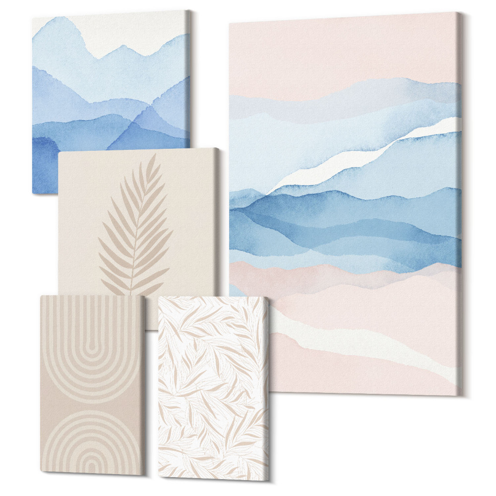 Sada obrazů pentaptych Abstraktní krajiny v pastelových odstínech s listy