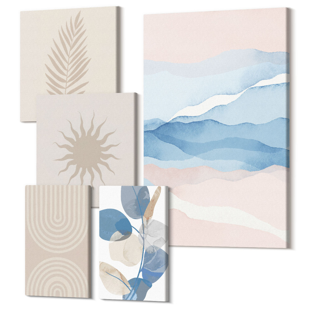 Sada obrazů na zeď pentaptych Abstraktní kompozice s rostlinnými motivy a vlnami