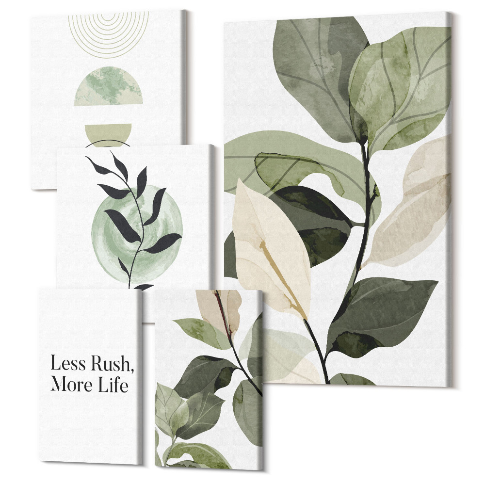 Sada obrazů na zeď pentaptych Stylová grafika s rostlinnými motivy do interiéru
