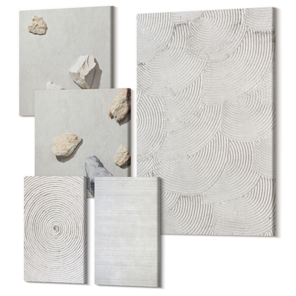 Sada obrazů pentaptych Geometrický karton a kameny na písku moderní vzory