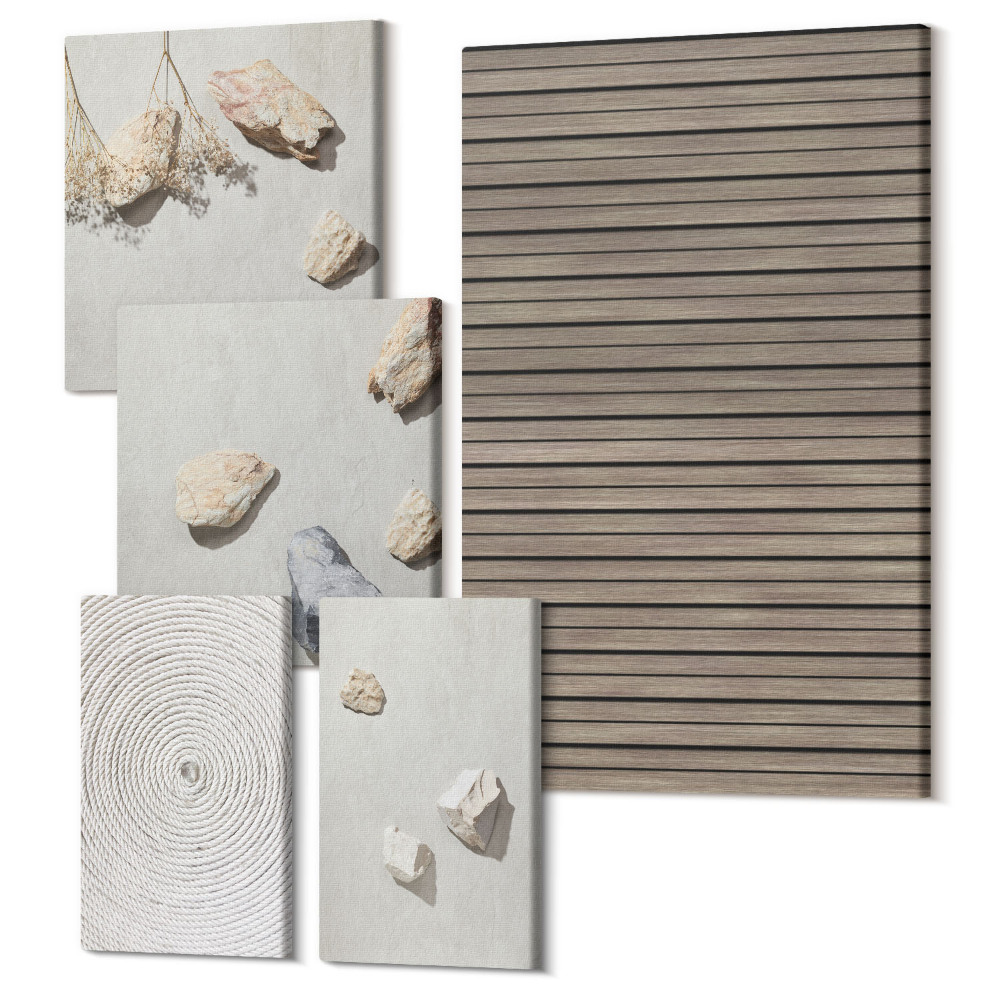 Sada obrazů pentaptych Přírodní textury dřevěné kameny lano