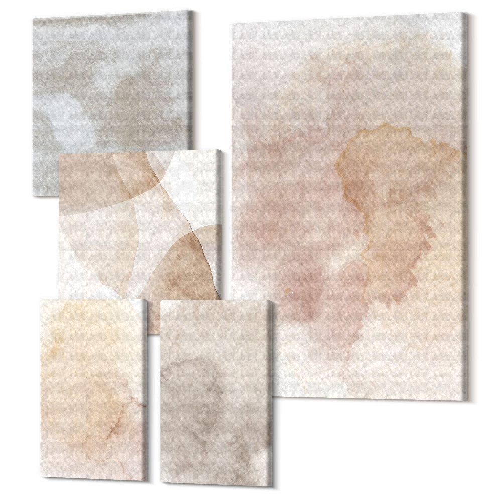 Sada obrazů na zeď pentaptych Teplé akvarely na plátně s pastelovými texturami