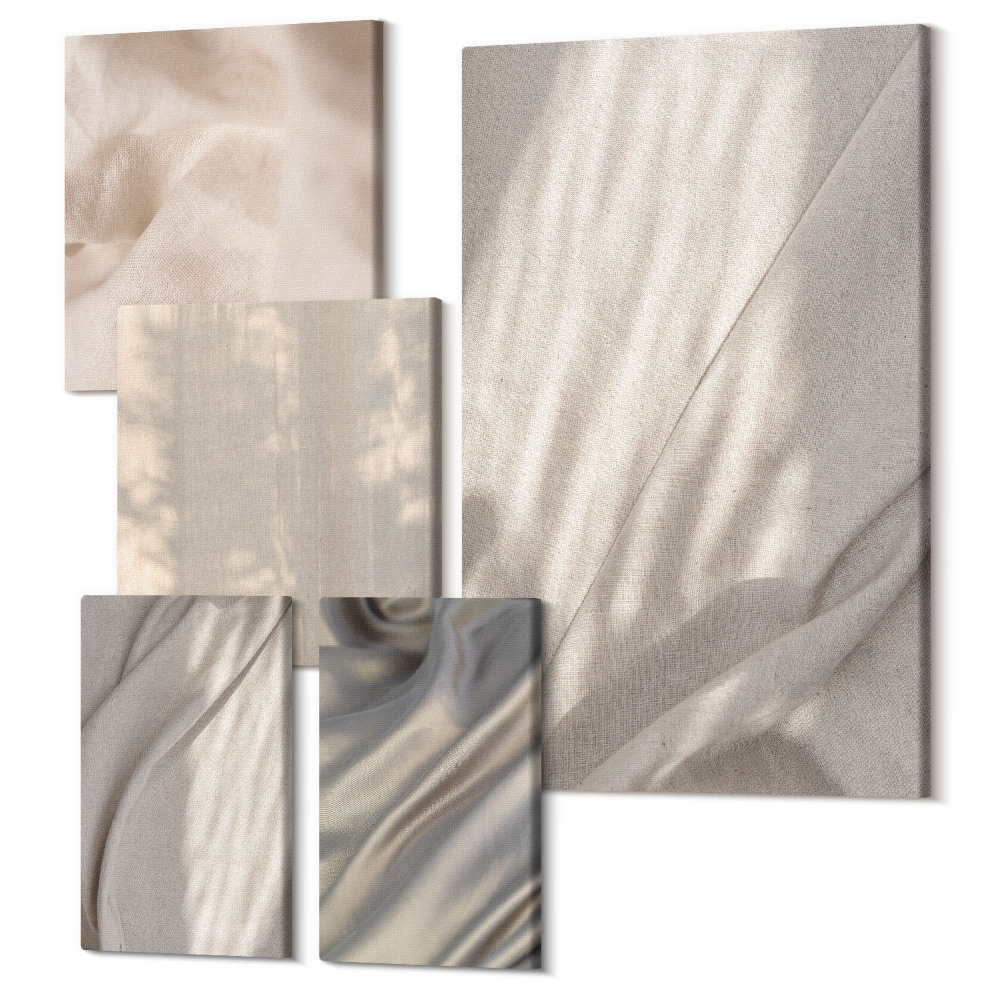 Sada obrazů na zeď pentaptych Detail přírodních tkaninových struktur v boho stylu