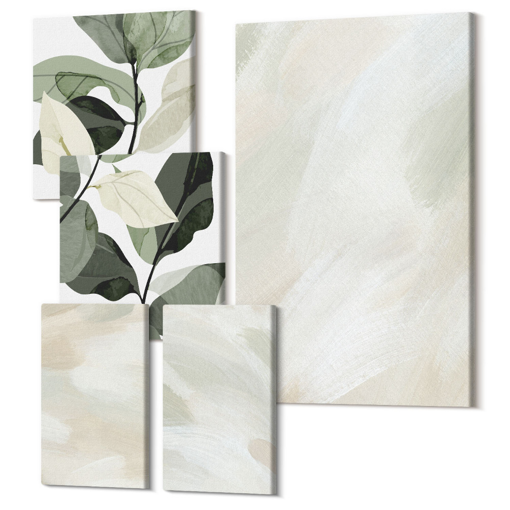 Sada obrazů pentaptych Světlé abstraktní barvy na plátně, jemný boho styl