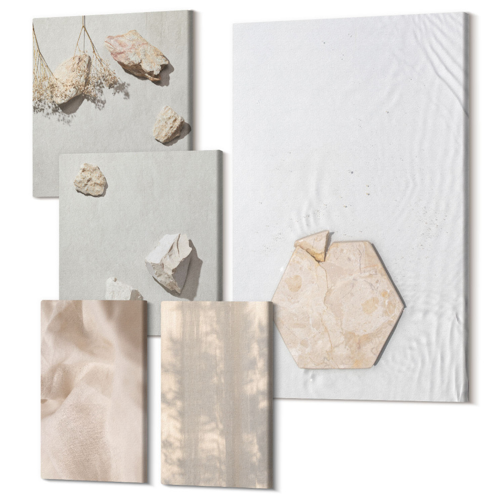 Sada obrazů pentaptych Jemné textury v přírodním boho stylu