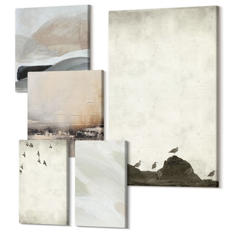 Sada obrazů pentaptych Ptáci, kameny a tahy štětcem minimalistické dekorace