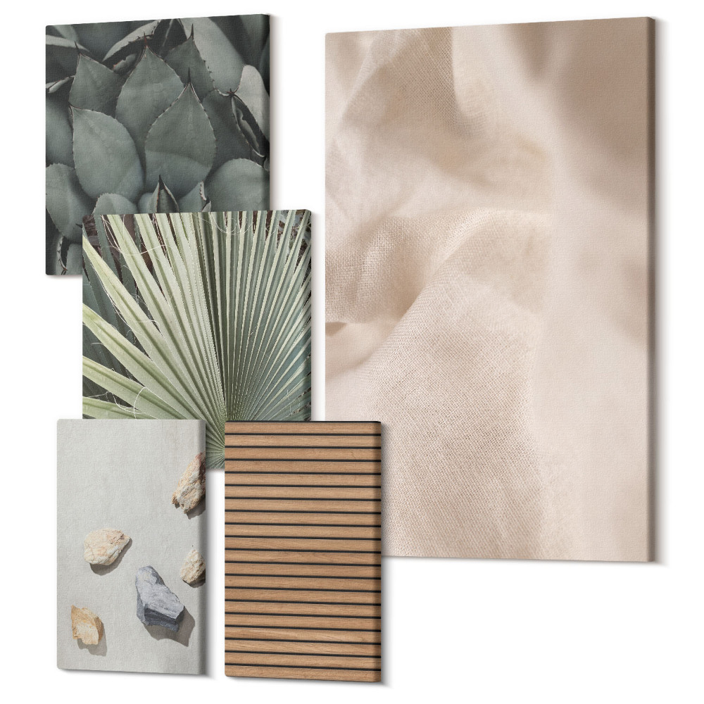 Sada obrazů pentaptych Kameny, dřevo, tkanina, různé textury