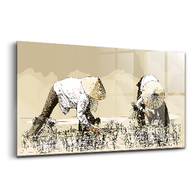 Luxusní skleněný obraz Dvě ženy sbírající rýži v Asii